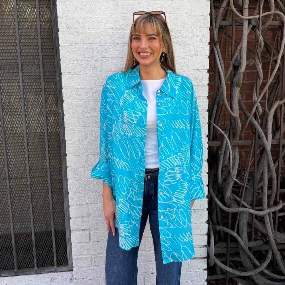 Retro Newport News Blue and white abstract print summer button up shirt sz XL